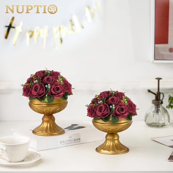 NUPTIO Flower Ball Arrangement Bouquet - 10 Pcs 9.5 inch Diameter Burgundy Fake Flowers Roses Balls for Centerpieces Tables - Artificial Rose Arrangements for Wedding Centerpiece Table Decorations