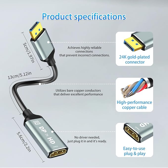 MaxRenard 4K DisplayPort to HDMI Adapter | DP1.2 to HDMI 4K 60Hz Audio-Video Sync | SR Anti-Break, Compatible with Dell HP, for HDTV/Monitor/Projector/PC (DP to HDMI Converter) 2Pcs