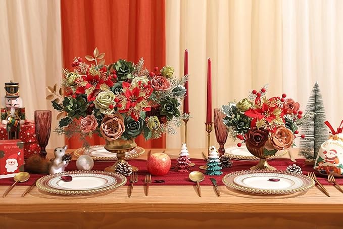 Artificial Christmas Flowers Set with Poinsettia, Fake Roses, Greenery Leaves & Stems for DIY Christmas Decor - Wreath, Tree Ornaments, Wedding Bouquets, Centerpieces, Home Floral Arrangement