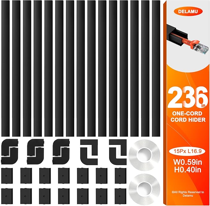 Delamu 236in Cord Hider, One-Wire Cord Covers for Wires on Wall, Easy-to-Install Cable Hiders for Mounted Tv, Cable Management Kit, Cable Raceways, W0.59 H0.4in, Black