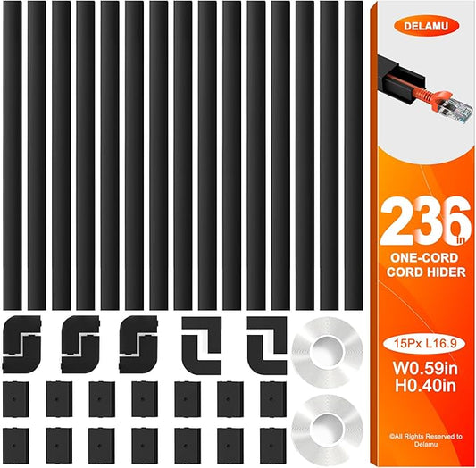 Delamu 236in Cord Hider, One-Wire Cord Covers for Wires on Wall, Easy-to-Install Cable Hiders for Mounted Tv, Cable Management Kit, Cable Raceways, W0.59 H0.4in, Black