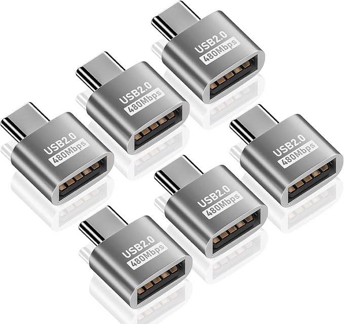 Duttek USB C to USB Adapter 6 Pack, Type C Male to USB 2.0 Type A Female Extension Connector Support 480Mbps Data Transfer, OTG Function and Charging for Phone, Laptop, USB Keyboard (Silver)
