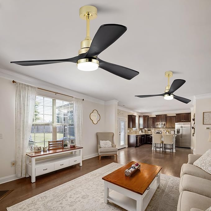 BOJUE 52 Inch Black and Gold Ceiling Fans with Lights and Remote, Solid Wood Fan Blades, Dimmable, Modern Ceiling Fan with Light for Indoor/Outdoor Patio Bedroom