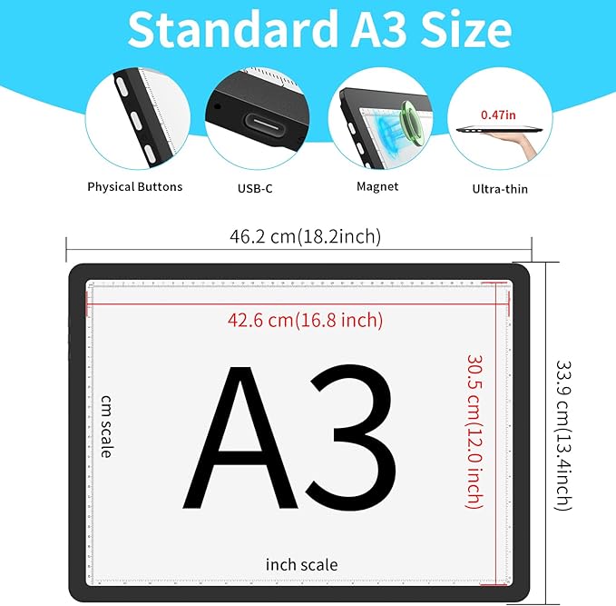 Phylosal Rechargeable A3 LED Light Pad with Built-in Stand, Magnetic Tracing Light Box for Drawing, Diamond Art Light Board with Side Button, Super Bright Light Table for Diamond Painting, Sketching