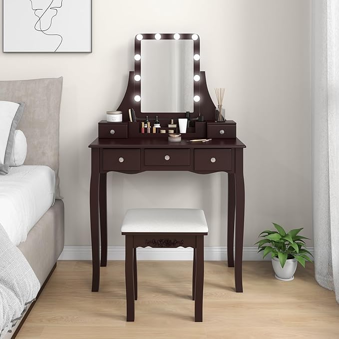 CHARMAID Vanity Desk with Mirror and Lights, Makeup Vanity Table with 5 Storage Drawers, 3 Color Lighting Modes, Adjustable Brightness, Modern Bedroom Dressing Table with Vanity Stool, Espresso