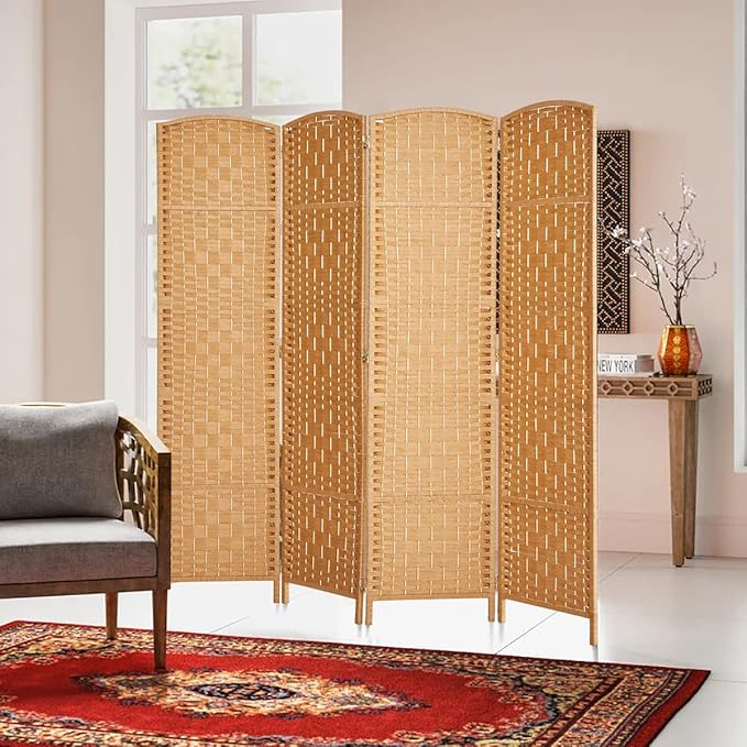 6 ft. Tall-Extra Wide-Diamond Weave Fiber Room Divider - Light Beige - 4 Panel