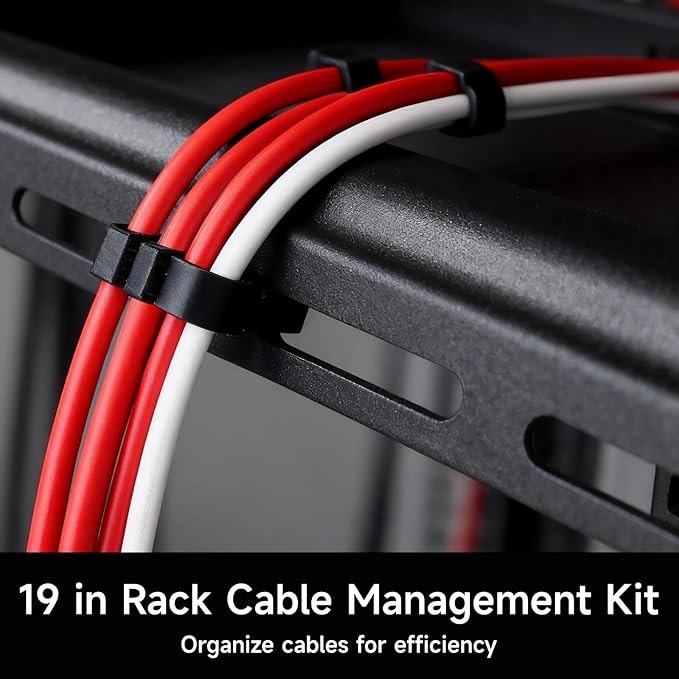 10 Pcs 19 in Rack Cable Management Kit, Including 0.5U L-Shaped Tie Bars, 20 Cabinet Screws, 100 Cable Ties, Sturdy Metal with Black Coating, Multi-Hole Design for Flexible Cabling