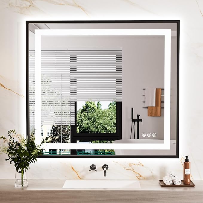 LED Bathroom Mirror,32"x36" Mirror with Black Frame, Front Light and Backlit, Stepless Dimmable, Anti-Fog, Shatter-Proof, Memory, 3 Colors, Double LED Vanity Mirror