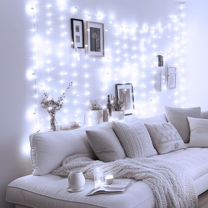 Minetom Curtain Lights, 300 LED Dimmable Fairy Lights with Remote and Timer, 8 Modes, USB Powered String Lights for Room Wall Party Xmas Indoor Decor, Winter Wonderland Christmas Decorations