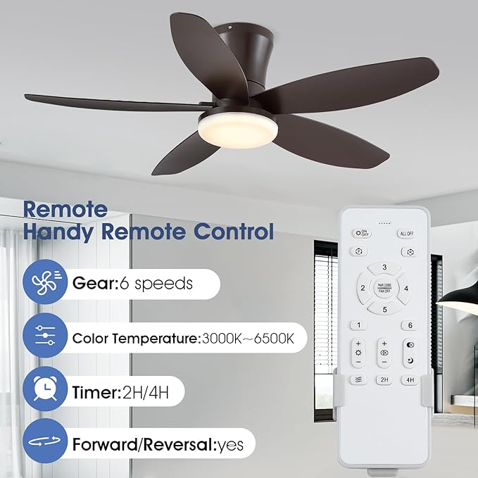 36IN Ceiling Fans with Light and Remote/APP Control, 5-Blade Reversible Motor Ceiling Fan, 3-Color Dimmable Lighting, All-Brown Finish