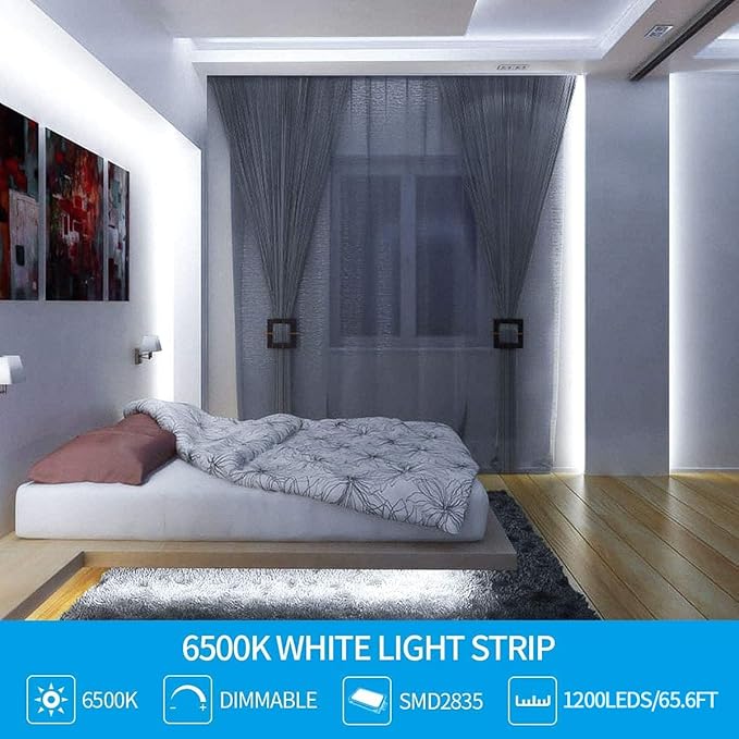 Led Strip Lights 65.6ft White Dimmable Led Light Strip Flexible Rope Lights Kits with 24v Etl Power Supply, Adhesive Clips, Dimmer Switch and Connectors for Indoor Decor