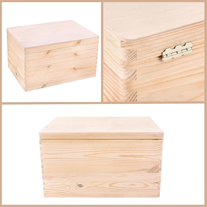 XXL Large Plain Wooden Box Storage Hinged Lid | 15.8x11.8x9.44 inches (+-0.5) | Unpainted Gift Box Tool Dog Toy Clothes Kitchen Storage Document | Rough & UNSANDED Wood Keepsake Chest