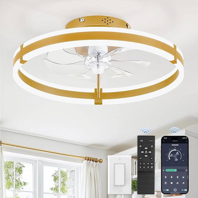 ZMISHIBO Ceiling Fans with Lights and Remote, 19.7'' Low Profile Ceiling Fan, 3000-6000K Dimmable Modern Flush Mount LED Fan Light, 6 Wind Speeds, Gold Fandelier Ceiling Fans for Bedroom
