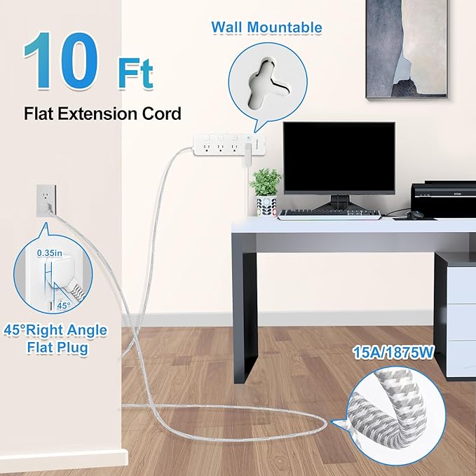 10 Ft Surge Protector Power Strip - 8 Widely AC Outlet 4 USB Ports(2 USB C), Flat Plug Extension Cord with Multiple Outlets, Individual Switches, Desk Extender for Dorm, Home, Office Essentials, 1400J