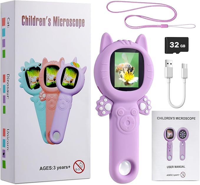 Kids Microscope–500X Digital Pocket Handheld Microscope with Dual Cameras, Autofocus & 32GB Card STEM Educational Toy & Christmas Birthday Gift for Boys & Girls Ages 3 4 5 6 7 8 9 10(Green)
