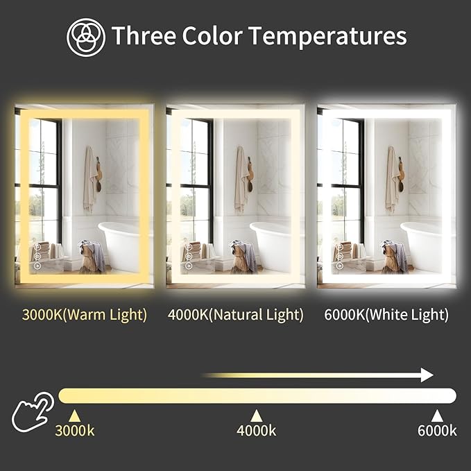 Koonmi 26x38 LED Bathroom Mirror, Backlit + Front Lit, LED Bathroom Mirror with Lights for Wall, 3 Colors, Anti-Fog, Dimmable Brightness, Memory Function, Tempered Glass