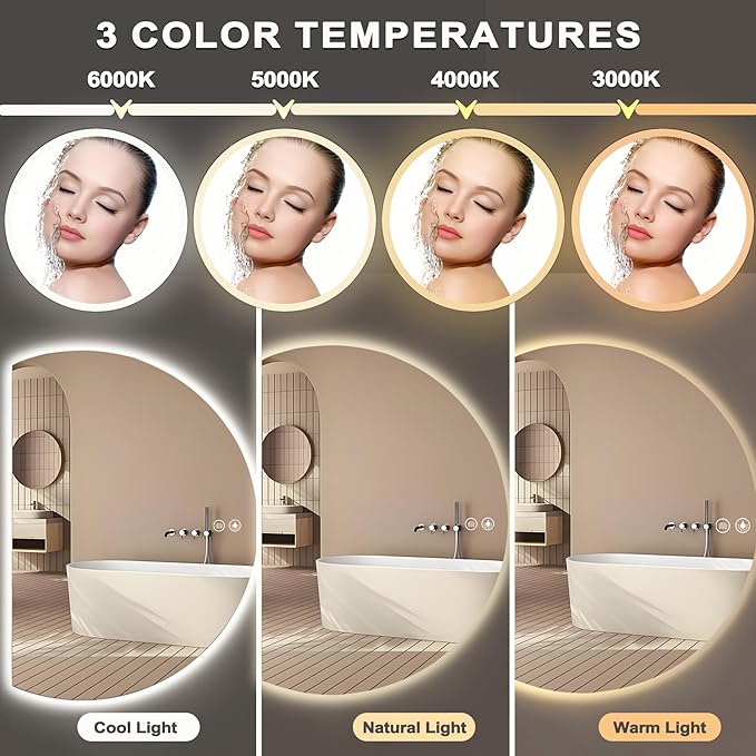 LED Bathroom Mirror with Lights, 44×31Inch Anti-Fog Backlit Vanity Mirror-Half Circle Mirrors with 3-Color, Dimmable Brightness, Shatter-Proof Decor Vanity Mirror