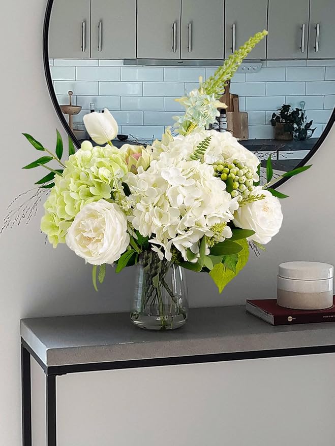 YalzoneMet Artificial Hydrangea Flowers 4 Pcs 2 White 2 Light Green 21 inch Long Rod Real Touch Lifelike Fake Latex Hydrangea Flowers for Home Party Outdoor Wedding Gifts Christmas Table Decoration