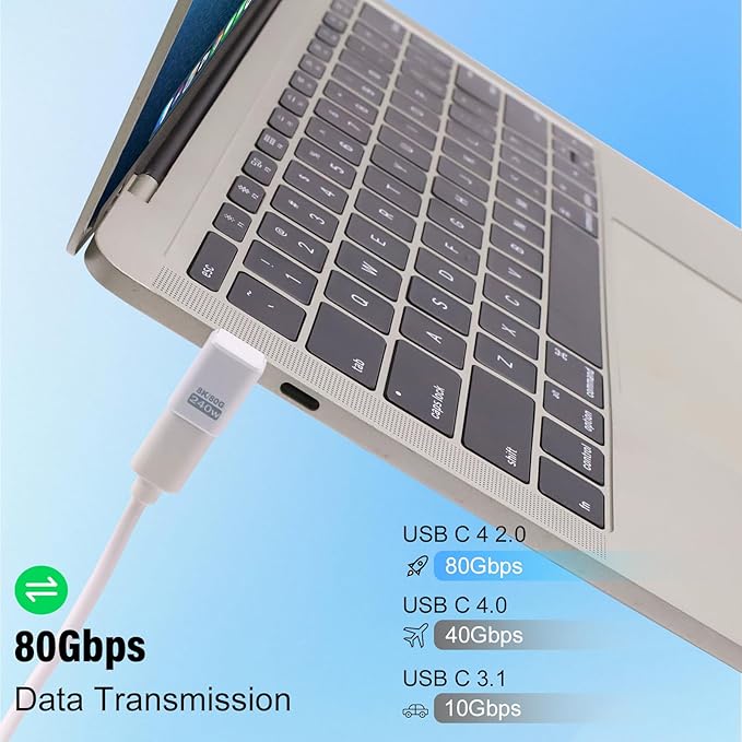 Danfetsoy USB C 90 Degree Adapter 80Gbps, White 90 Degree USB C Adapter 240W, Up Down Angle Male to Female Type C Extender Thunderbolt 5 Connector 8K@60Hz Video for MacBook, Laptop, Tablet, 2pack