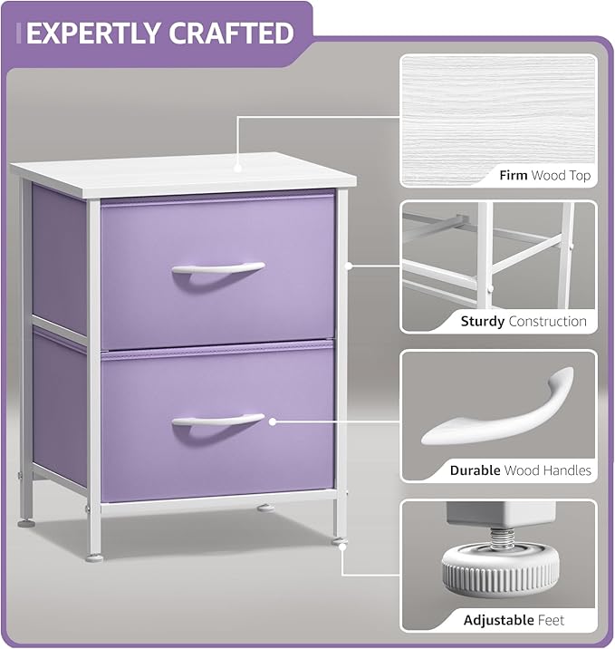 Sorbus Nightstand with 2 Drawers - Kids Bedside Furniture End Table Night Stand - Steel Frame, Wood Top & Easy Pull Fabric Bins - Dresser & Chest for Home, Bedroom Accessories, Office & College Dorm