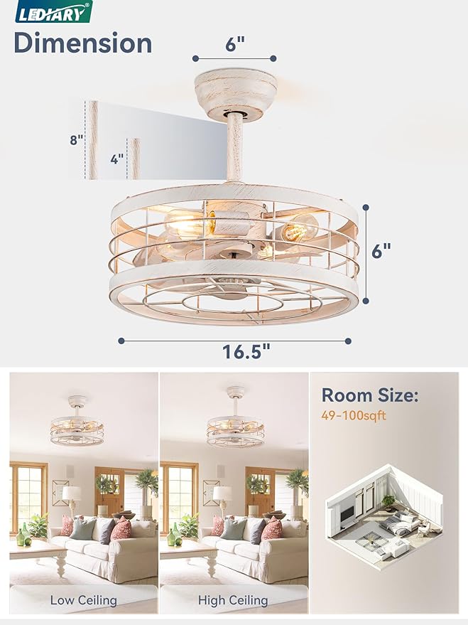 LEDIARY 16.5in Caged Ceiling Fan with Light, Fandelier Industrial Ceiling Fan with Remote, Rustic Metal Fan Lights Ceiling Fixtures for Kitchen, Farmhouse, Bedroom（6 Speed, Timing）-White and Gold