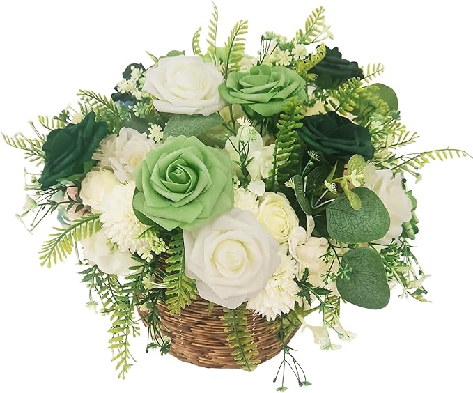 Artificial Fake Flowers 25pcs Roses, Shade of Green Foam Rose Faux Flower for DIY Wedding Bouquets Bridal Shower Centerpieces Floral Arrangements Party Tables Home Decorations