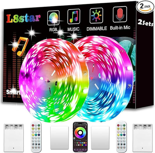 L8star Battery Powered Led Strip Lights, 2x16.4Ft (32.8Ft),Two Sets of Strip Light with 4 AA Battery Box/USB RGB LED Lights, Remote and APP Control