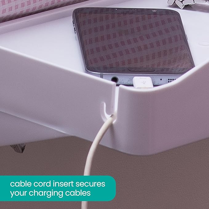 Modern Innovations 2 Count Bedside Organizer for Bed – Clip On Tray with Cup & Cord Holder – for College Dorm, Top Bunk, or Kids Bedroom (White)