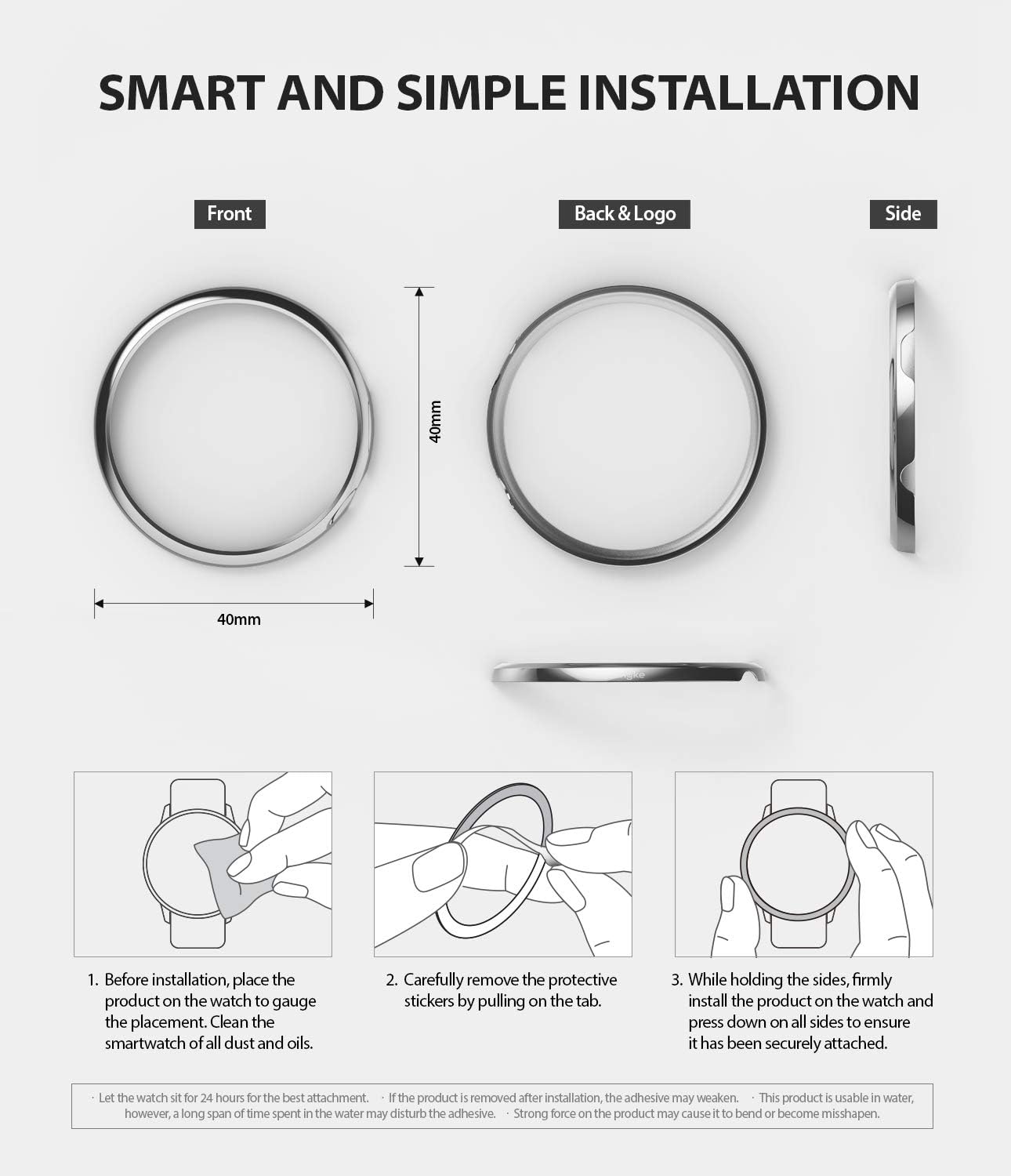 Ringke Bezel Styling Cover for Galaxy Watch Active 2, 40mm Only, Glossy Silver Adhesive Accessory