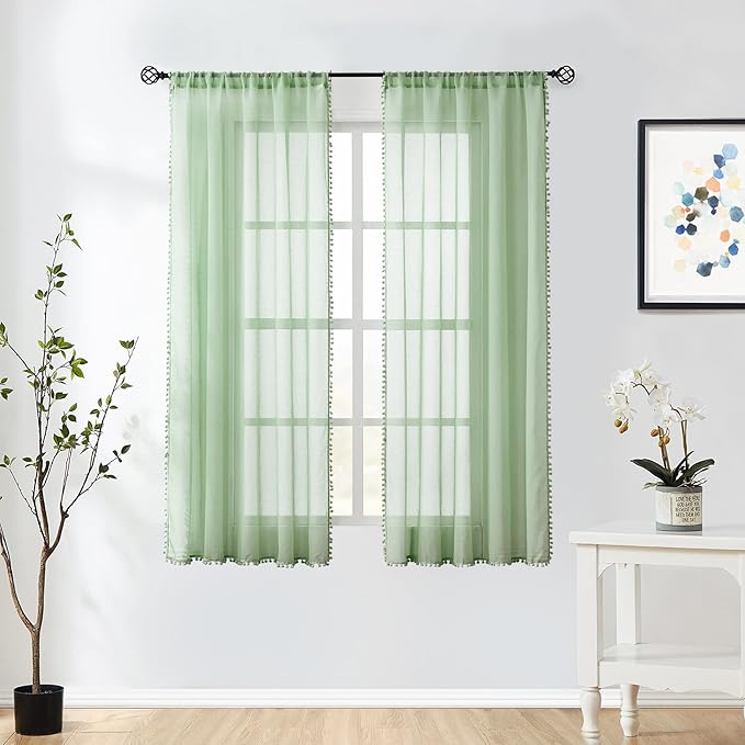 Treatmentex Sage Green Sheer Curtains for Kids-Room 63 inches Slub Textured Pom Pom Window Drapes for Bedroom Sage 52" W x 2 Panels Rod Pocket