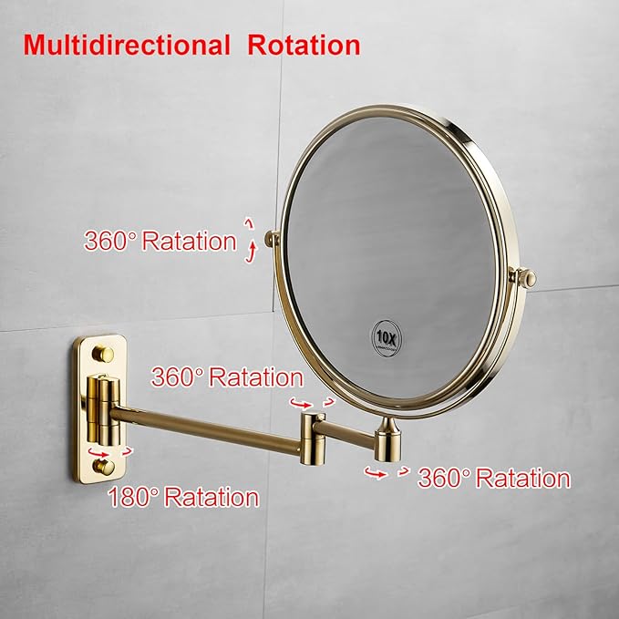 Gold 1x10x Double Sided Magnifying Bathroom Makeup Mirror 360 Degree Swivel Mirror Adjustable Telescopic Arm Wall Mount 8 Inch Non-Illuminated Beauty Mirror Shaving Mirror（Square Base）