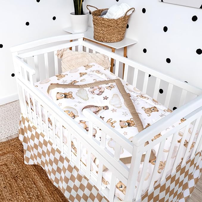3 Pcs Baby Crib Bedding Set Safari Animals Dinosaurs Bear Woodland Animals Jungle Crib Set Includes Quilt, Fitted Sheet, Skirt for Baby Boy Girl(Brown,Teddy Bear)