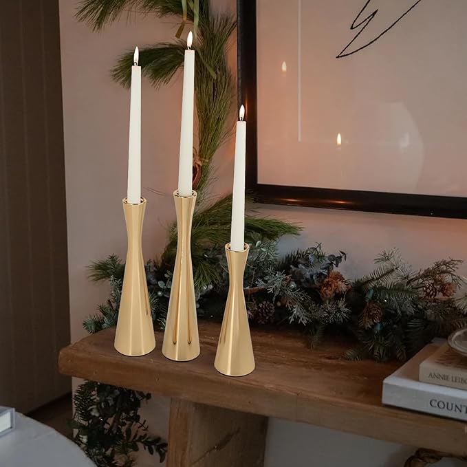Vixdonos Light Gold Taper Candle Holders Metal Candlestick Holders Set of 3 Table Mantel Decorative Candle Stand for Dinning,Party，Wedding,Home Decor(Light Gold)