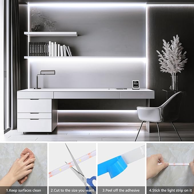 echosari 3.3FT 6000K Strip Lights Battery Operated, Tape Light with Remote 8 Modes Timer Self-Adhesive Cuttable, Strip Lights for Bedroom Cabinets Shelves TV Indoor Decor (Cool White)