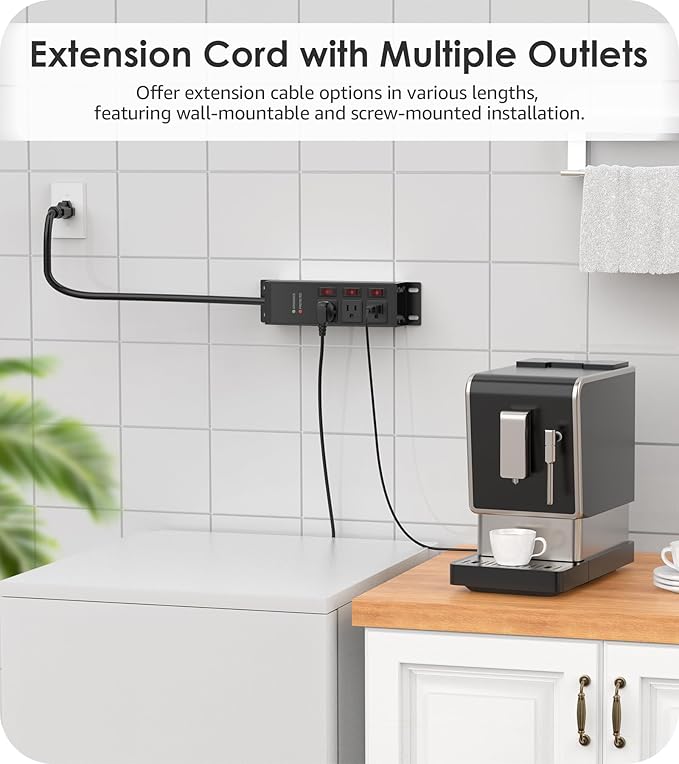 CCCEI 3 Outlet Heavy Duty Surge Protector Power Strip 20 Amp Individual Switches. 12 Gauge Extension Cord, Overload, Ground Protection. Garage Wall Mount Electric Extender, 15FT, Black.