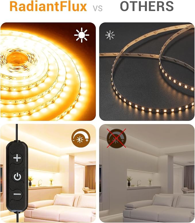 RadiantFlux 20 ft Led Light Strip Warm Indoor Decoration, Small Dimmable LED Lights Strip, 360 LEDs, Super Bright LED Tape Rope Lights for Living Room, Bedroom, Kitchen, Vanity Mirror