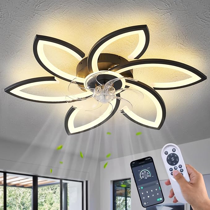 Ceiling Fan with Lights Remote Control, Black Flower Ceiling Fan with Light, 3 Light Color Modern Low Profile Flush Mount Ceiling Fan for Kitchen Bedroom Living Room
