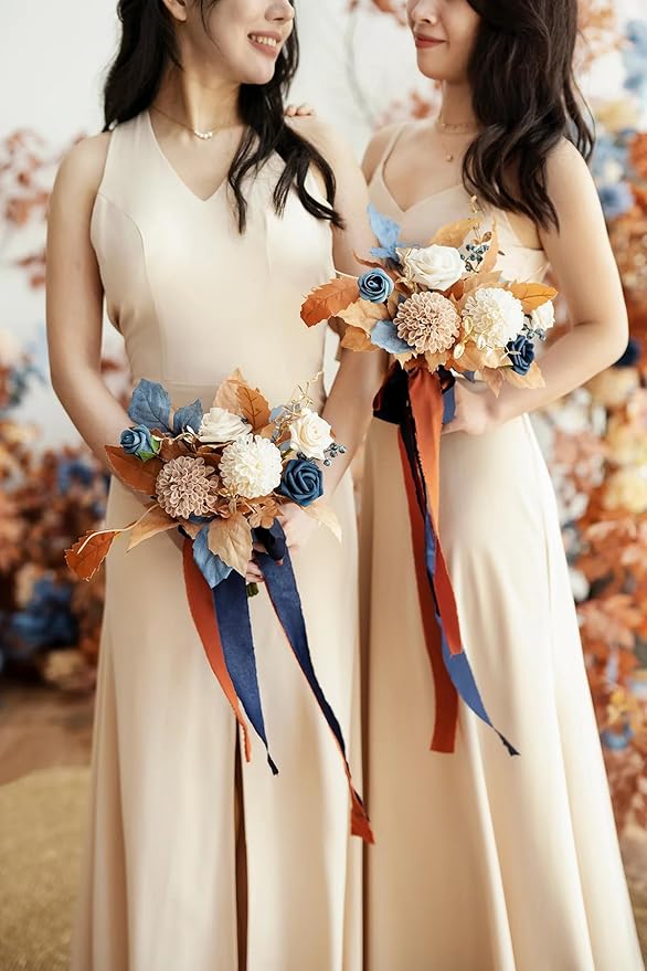 Ling's moment Artificial Flowers Fake Silk Dahlia Faux Foam Roses Combo for DIY Wedding Bouquets Centerpieces Arrangements Bridal Shower Party Home Decorations, Navy Blue & Burnt Orange, 24pcs