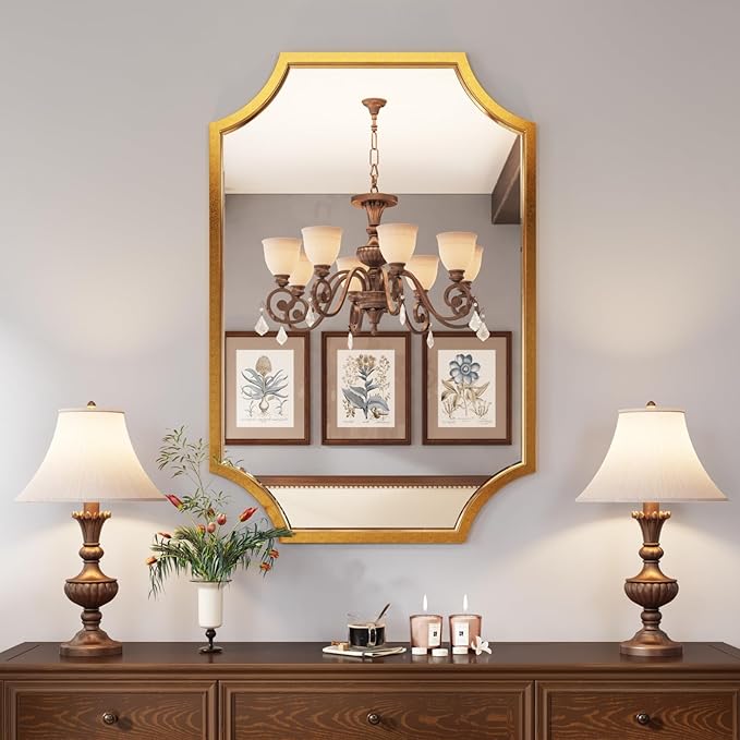 Kelly Miller 24"x36" Gold Mirror for Wall, Gold Scalloped Mirror Vanity Mirror Decorative Wall Mirror Art Beveled Framed for Master Bath Half Bath Living Room Fireplace Mantle Hallyway Entryway