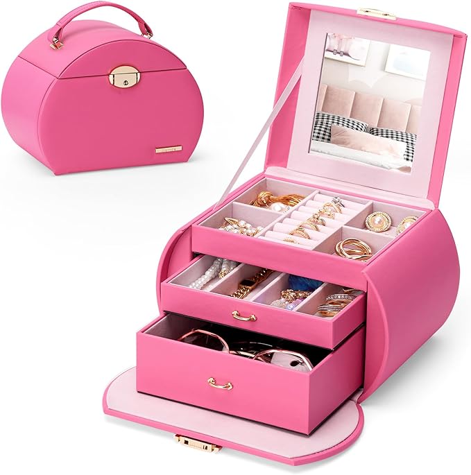 Homde Girls Jewelry Box Jewelry Storage Case Organizer with Mirror for Rings, Earrings, Bracelets, Necklaces (Pink + Gold)