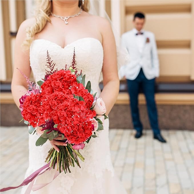 Auihiay 64pcs Hydrangea Artificial Flowers, Red Fake Hydrangea Flowers with Stems, Artificial Hydrangea Flowers for Wedding Centerpieces, Home Garden Party Decoration (Red)