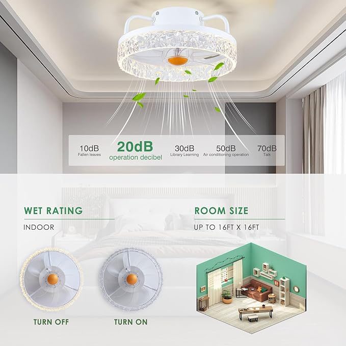 White Ceiling Fans with Lights and Remote - Low Profile Flush Mount Ceiling Fans - 13” Modern Bladeless Enclosed Ceiling Fans with Led Light and Stepless Dimming, White Small Ceiling Fan for Bedroom