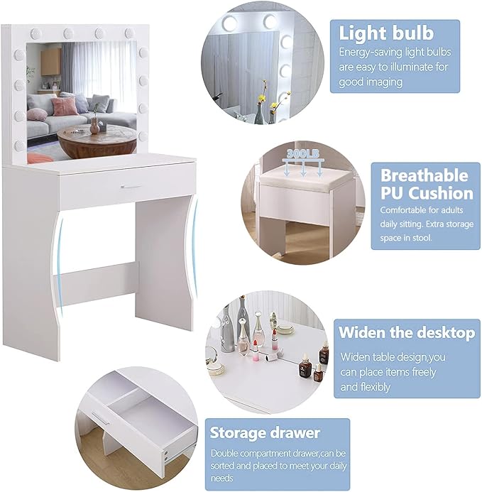 Vanity Table Set with Lighted Mirror - Makeup Vanity with Lights, Adjustable Brightness, Large Drawer Sturdy Wood Vanity, White 80x40x140cm