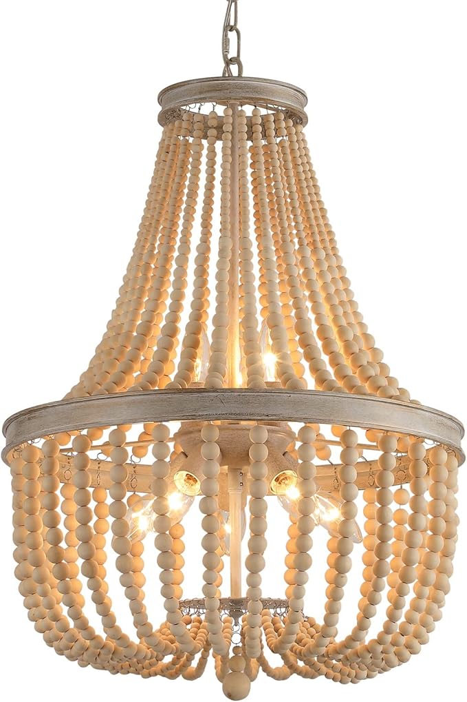 Q&S Farmhouse Wood Beaded Chandelier,Oak White 8-Lights Retro Vintage Antique Rustic Boho Pendant Light Fixture for Foyer Living Room Bedroom Kitchen Dining Room Office Nursery UL Listed