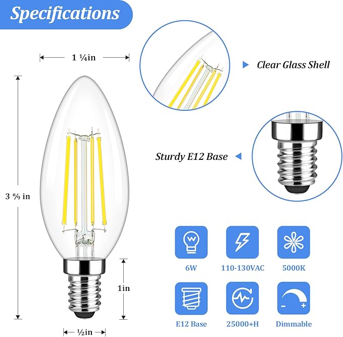 Brightever E12 Candelabra LED Light Bulbs 60 Watt Equivalent, 620 Lumen 6W C32 B11 Clear LED Filament Candle Bulbs, Dimmable Daylight White 5000K Chandelier Light Bulbs for Ceiling Fan, Pack of 5
