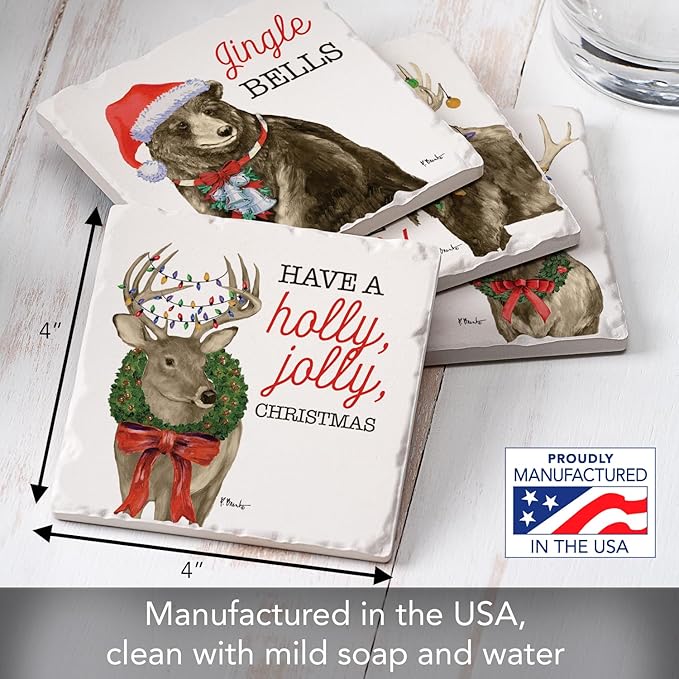 Thirstystone Merry Lodge Creatures 4 Pack Assorted Tumbled Tile Stone Coasters with Protective Cork Backing 4" Square Manufactured in The USA