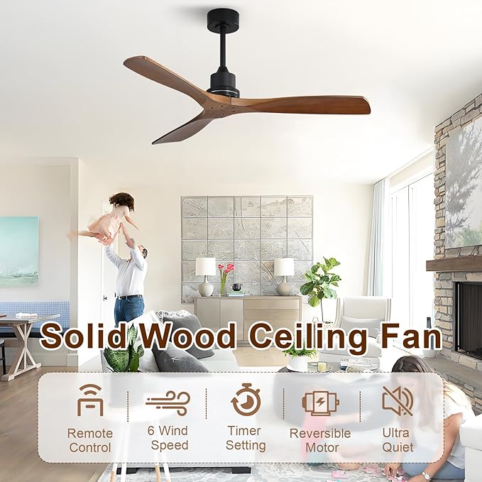 Sofucor 52 inch Ceiling Fan No Light, Solid Wood Indoor/Outdoor Ceiling Fans Without Lights, Remote Control, Reversible DC Motor, 3 Blade Low Profile Ceiling Fans for Patios, Bedroom, Farmhouse