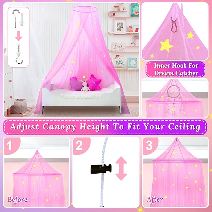 South to East Princess Bed Canopy with Glowing Stars, Pink Canopy for Girls' Room, Bed Canopy Curtains from Ceiling for Twin & Full Size Beds, Ideal Gift, Fire Retardant Fabric
