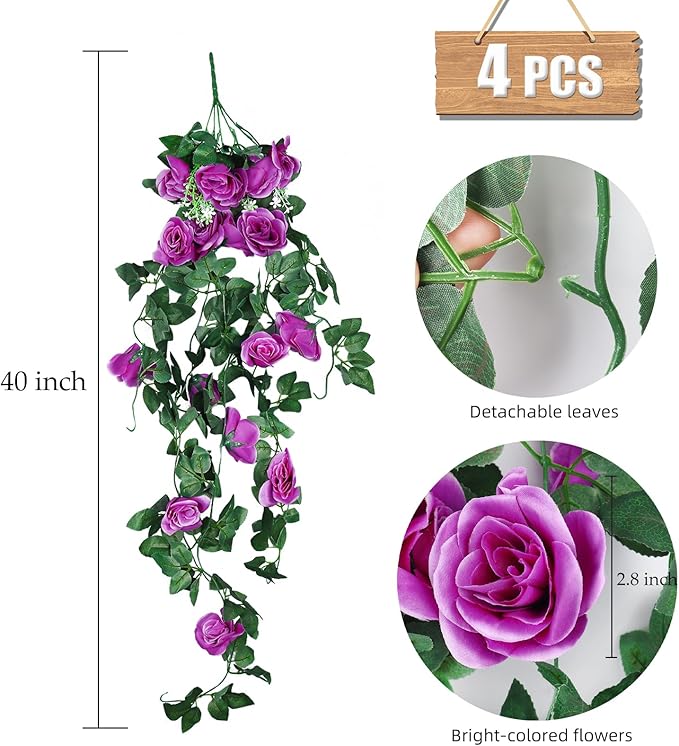 RECUTMS Artificial Hanging Rose Plants Fake Flowers Vines Wall Décor House Garden Patio Front Porch Indoor Decor (Purple)