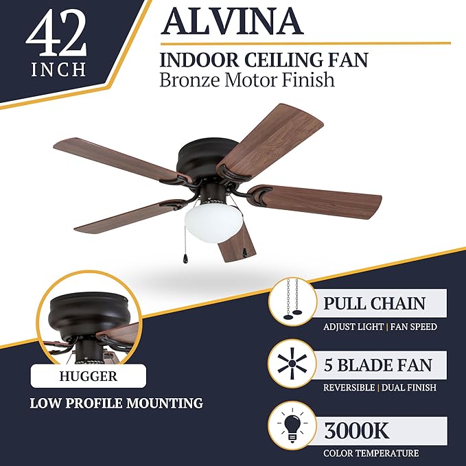 Prominence Home Alvina Traditional 42 Inch Ceiling Fan with Light, LED Flush Mount Ceiling Fan, Indoor Fan with 5 Blades, Light Cherry and Maple Brown Blade Finish Options, Bronze (50860-01)